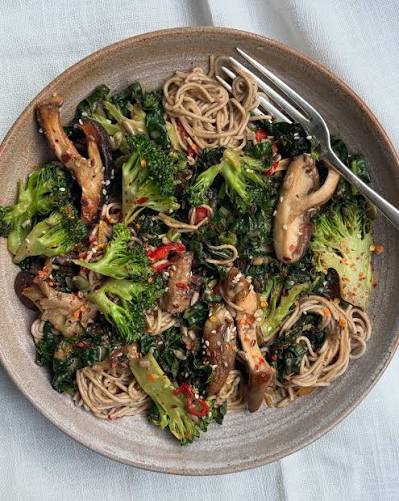 Miso-butter noodles with charred greens